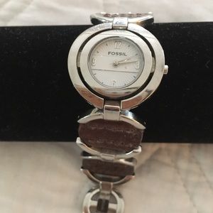 Silver and leather fossil watch